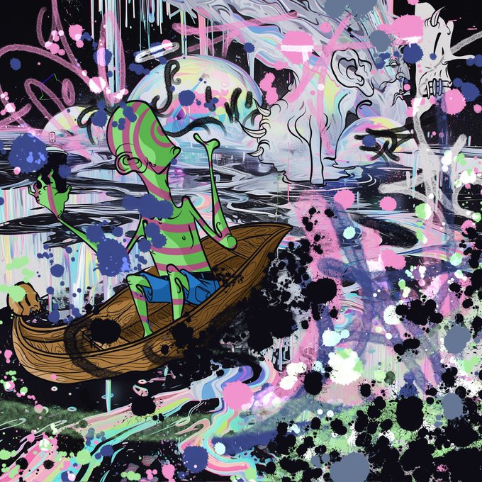 A colorful, abstract digital artwork featuring a green alien-like figure with antennae sitting in a wooden canoe, surrounded by vibrant pink, blue, and black paint splatters and graffiti elements.