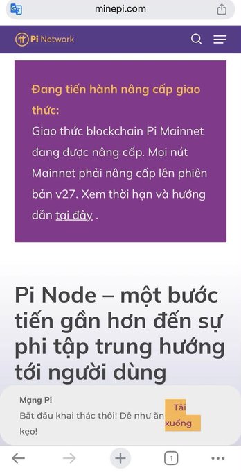 Screenshot from minepi.com showing a Pi Network announcement in Vietnamese announcing a Mainnet Protocol Upgrade requiring all Mainnet nodes to upgrade to v27, with a "Pi Node – closer to user-oriented decentralization" headline below. The text highlights that the Pi Mainnet blockchain protocol is being upgraded and links to the deadline and instructions, corresponding to the post about the v27 Mainnet upgrade as a key step toward Pi Node's decentralization.