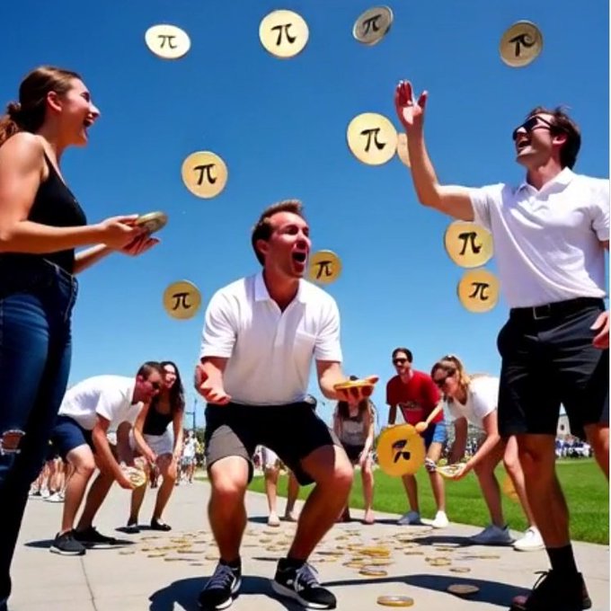 A surreal scene of young people joyfully throwing coins and discs marked with the pi symbol (π) in the air outdoors on a sunny day.