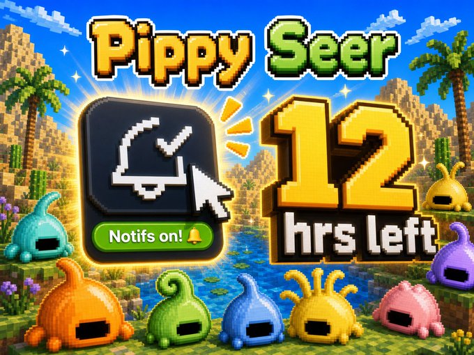 A pixel-art promotional image features colorful "Pippy Seer" creatures in a desert oasis setting, with a countdown showing "12 hrs left," a "Notifs on!" bell icon button, and matching post text announcing 12 hours remaining for a 1,500 Pippy Seer NFT mint at 0.001 ETH via OpenSea.