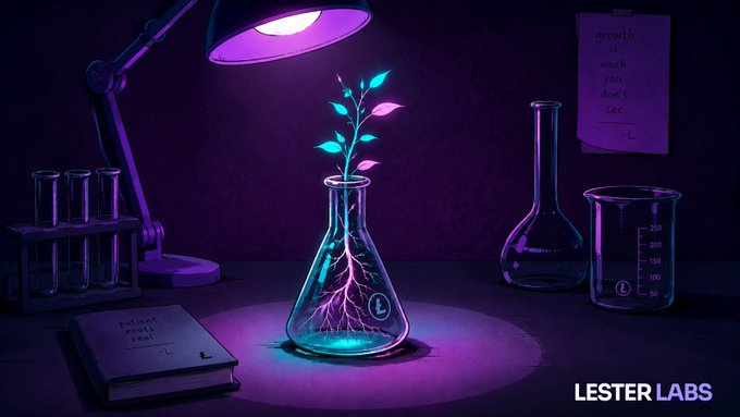 A digital illustration of a laboratory scene illuminated by purple light, featuring a glowing plant growing inside an Erlenmeyer flask with the 'LESTER LABS' logo in the corner.