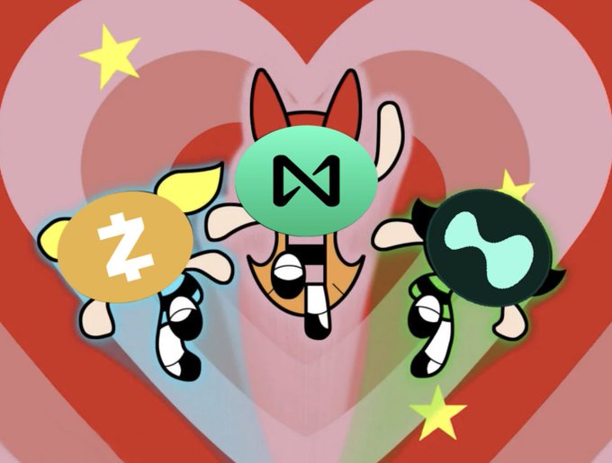 A cartoon depicts three characters with heads replaced by crypto logos—Zcash (Z), Movement (M), and Hyperliquid (H)—set against a red heart background with yellow stars. The image illustrates the post's mention of ZEC, visually pairing the cryptocurrency's branding alongside other DeFi tokens in a stylized, meme-like fashion.
