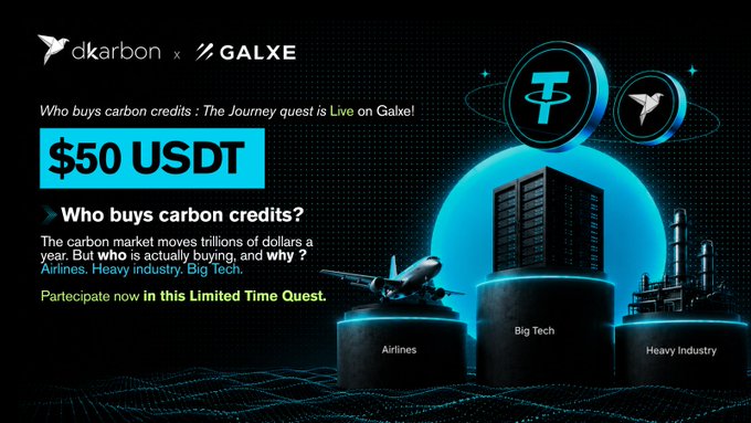 The image features a promotional post for dkarbon.com featuring an advertisement for $50 USDT that offers participants an opportunity to win free carbon credits. The post explains that people who buy carbon credits can benefit from an exclusive chance to win five dollars in cash each. The website also provides additional details about the contest and how to enter, including a form to fill out before the deadline of August 12th.