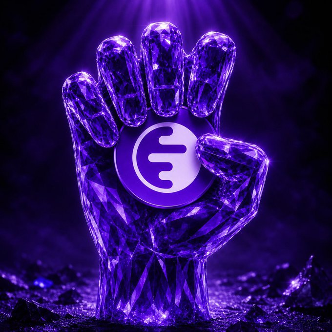 A digital artwork of a crystalline purple hand holding a glowing purple token featuring the 'Fantom' (FTM) logo.