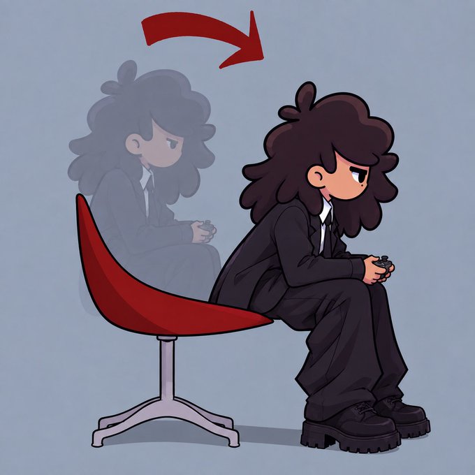 A cartoon illustration of a curly-haired character in a black suit looking sad while playing a handheld game, with a faded silhouette and a red arrow indicating they are sitting and slouching on a red chair.