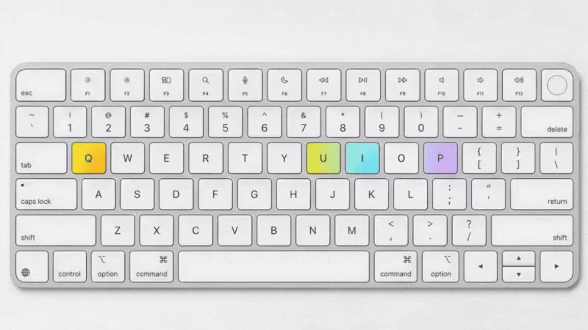 The image features a white keyboard with colorful keys arranged in rows of three. The first row has the letters A-Z, while the second row contains numbers 0-9. The third row includes symbols such as !, @, and #. This arrangement suggests that the keyboard is designed for easy typing and efficient use by users who want to type quickly and accurately.