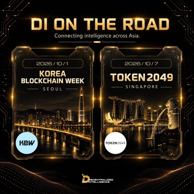 A promotional graphic titled 'DI ON THE ROAD: Connecting intelligence across Asia' announces upcoming events, including 'KOREA BLOCKCHAIN WEEK SEOUL' on 2026/10/1 and 'TOKEN 2049 SINGAPORE' on 2026/10/7, presented by Decentralized Intelligence.