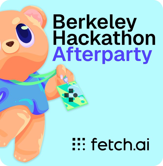 The image features a cartoon teddy bear wearing a blue shirt, holding a keychain with a name tag that reads "Berkeley Hackathon Afterparty". The background of the image is light blue, and there are some text elements such as "@Fetch_ai" and "Chicha San Chen", which may be related to the event or the post.