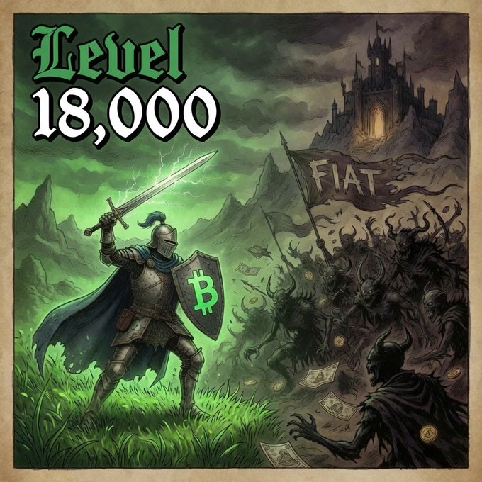 A fantasy illustration depicts a knight wielding a sword and a Bitcoin shield against a horde of demonic creatures holding a "FIAT" flag, with the text "Level 18,000" prominently displayed, symbolizing the Bitcoin Cash community's battle against traditional currency and celebrating a follower milestone.