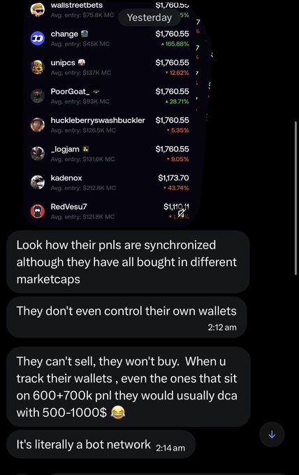 A Telegram chat screenshot showing multiple wallet holders with synchronized PnLs, with messages claiming it's a 'bot network' because users can't sell and won't buy despite different entry marketcaps.