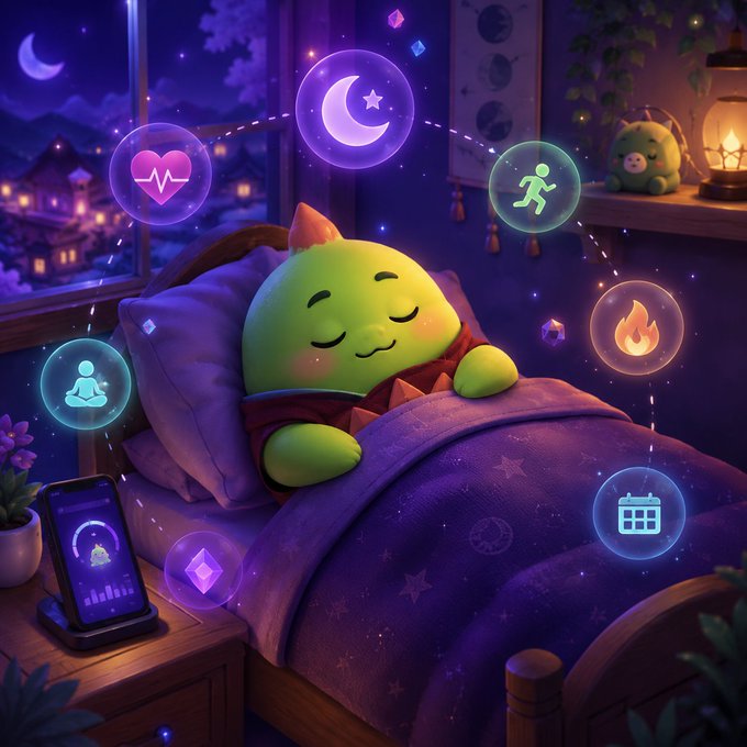 A digital illustration of a cute green dragon-like creature sleeping in a bed surrounded by floating icons representing health, sleep, exercise, fire/calories, meditation, and a calendar, with a sleep tracking app visible on a phone on the nightstand.