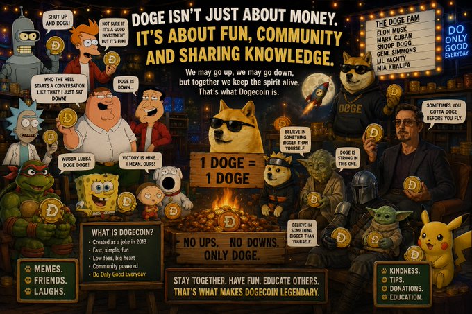 The image features a poster with various cartoon characters, including Spongebob Squarepants, Homer Simpson, and other popular icons. The poster also includes text that promotes the use of Dogecoin as an alternative currency for fun, community building, and sharing knowledge.