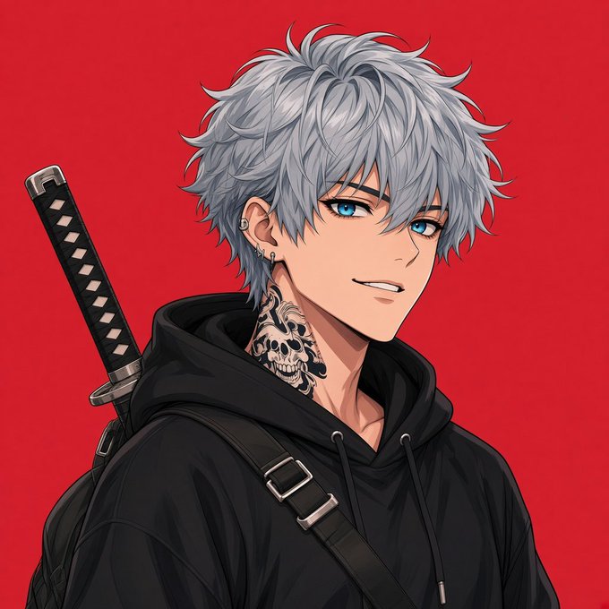 An anime-style illustration of a young man with silver hair, blue eyes, and a skull neck tattoo, wearing a black hoodie with a sword strapped to his back against a solid red background.