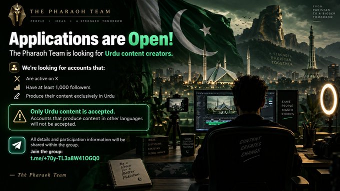 An announcement graphic from 'THE PHARAOH TEAM' states 'Applications are Open!' for Urdu content creators with at least 1,000 X followers, including a Telegram group link.