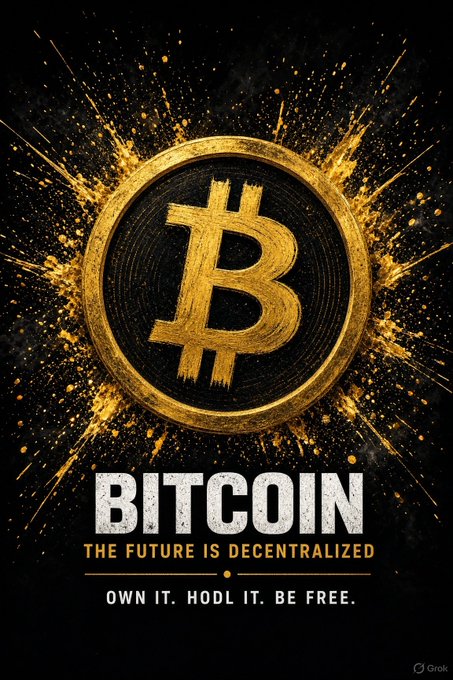 A promotional poster featuring a golden Bitcoin symbol bursting with sparks, with text reading 'BITCOIN THE FUTURE IS DECENTRALIZED OWN IT. HODL IT. BE FREE.'