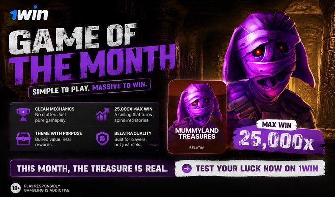 An advertisement for 1WIN's 'Game of the Month' showcases the slot game 'Mummyland Treasures' by Belatra with a '25,000x' max win, emphasizing 'Clean Mechanics' and a 'Belatra Quality' build.