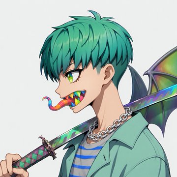 An anime-style character with teal hair, a rainbow-patterned tongue, and dragon wings carries a checkered sword, wearing a striped shirt and chain necklace.