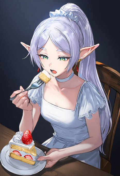 An anime-style illustration of a white-haired elf girl with green eyes eating a slice of strawberry cake with a fork while sitting at a table.