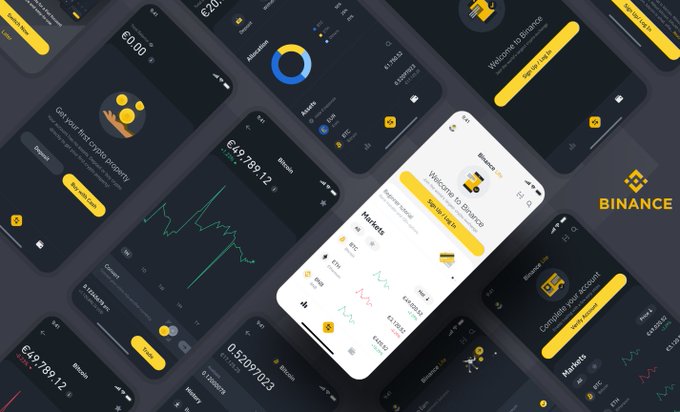 The image showcases various Binance app interface screens, including portfolio summaries showing balances like "£49,799.12" and "£0.5209/0.023," along with market charts, a "Get your first crypto property" prompt, and a welcome screen, illustrating the beginner-friendly setup process the post describes for new users.