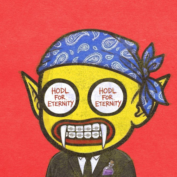 A cartoon illustration of a yellow-skinned character with pointed ears, vampire fangs, a blue paisley bandana, and a purple bottle on their lapel, with googly eyes reading 'HODL FOR ETERNITY' against a red background.
