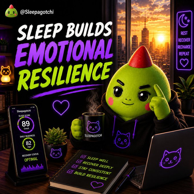 A promotional graphic for '@Sleepagotchi' titled 'SLEEP BUILDS EMOTIONAL RESILIENCE', featuring a green goblin-like character in a hoodie holding a mug, with a phone showing sleep score metrics, a notebook checklist, and a neon sign reading 'REST RECOVER RECHARGE REPEAT'.