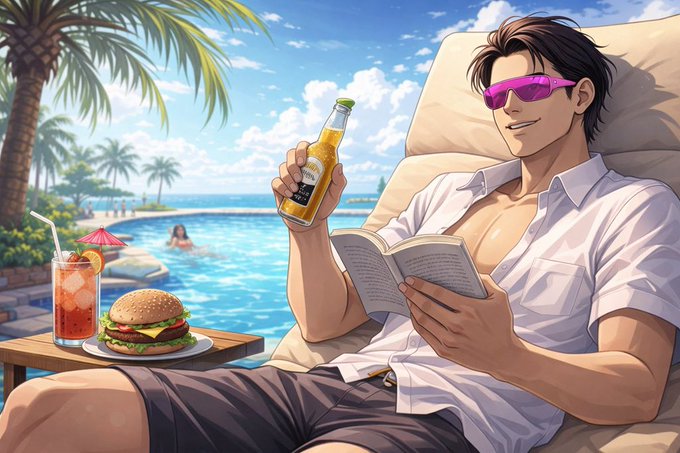 An anime-style illustration of a man with pink sunglasses lounging poolside, holding a Corona beer and a book, with a hamburger and a drink beside him.