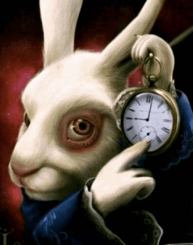 An artistic rendering of a white rabbit wearing a blue garment, holding a vintage pocket watch up to the viewer in a dark, moody setting reminiscent of surrealist art.
