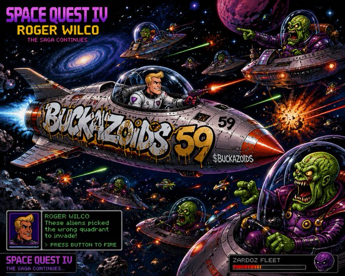 A retro video game artwork for 'Space Quest IV: Roger Wilco - The Saga Continues,' showing the character piloting a spaceship labeled 'Buckazoids 59' through a space battle against alien invaders.