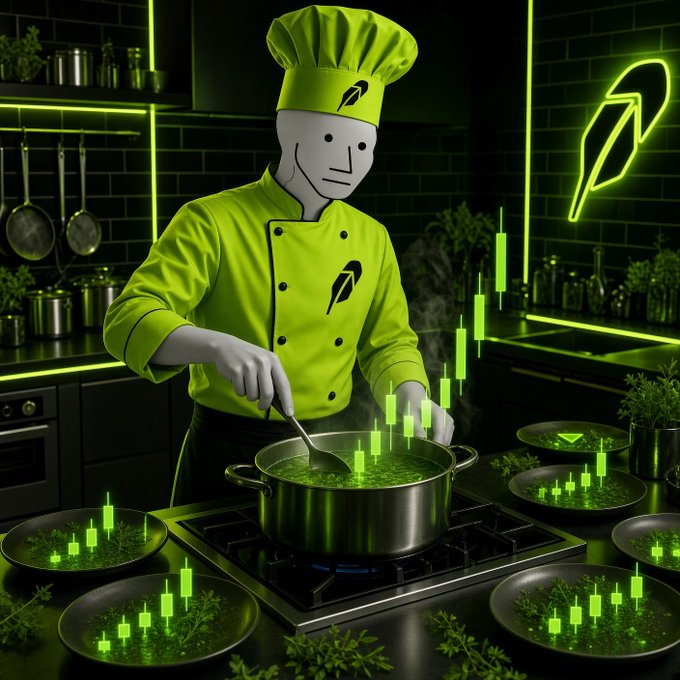 A digital illustration of a chef in a neon green uniform and hat cooking a green stew, surrounded by green candlestick charts representing financial markets.