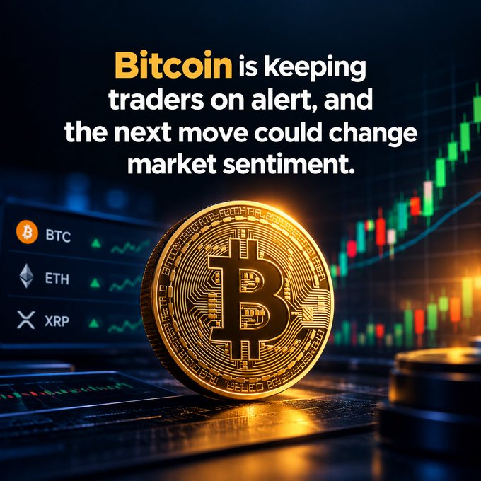 A gold Bitcoin coin is displayed against a background of cryptocurrency price charts, with the headline "Bitcoin is keeping traders on alert, and the next move could change market sentiment," alongside tickers for BTC, ETH, and XRP.