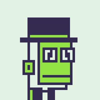 A pixel art character wearing a top hat with green highlights, glasses, and a blue outfit against a light green background.
