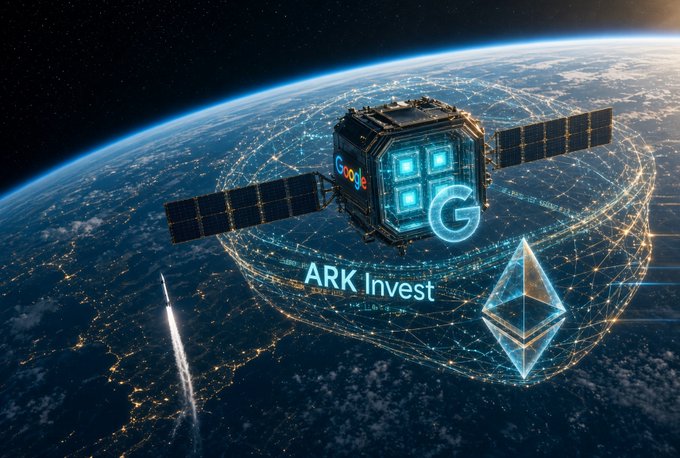 A digital illustration of a satellite orbiting Earth with the 'Google' logo, a 'G' logo, and the Ethereum symbol, labeled 'ARK Invest'.