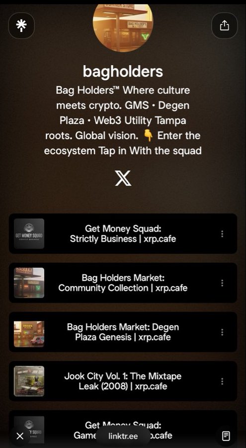 A mobile app screen for 'bagholders' describing it as a crypto/culture ecosystem, with links to xrp.cafe listings including 'Get Money Squad: Strictly Business' and 'Bag Holders Market.'