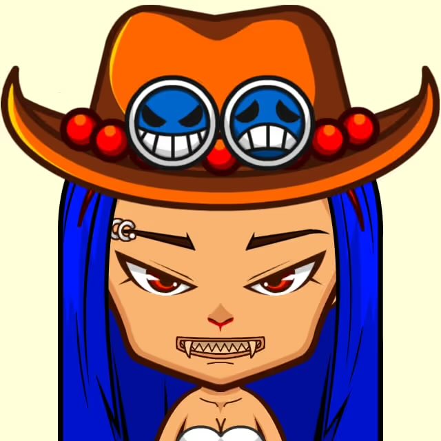 A cartoon-style illustration of a female anime character with long blue hair, red eyes, and a sharp-toothed grin, wearing an orange cowboy hat with goggles.