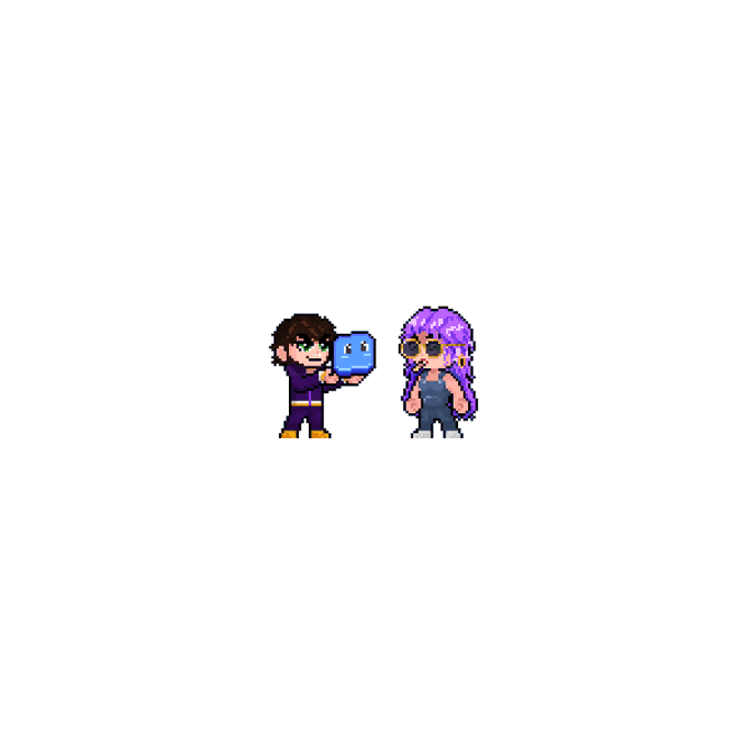 Two pixel art avatars—one depicting a brown-haired character holding a blue creature and the other a purple-haired figure with sunglasses—illustrate the post announcing the author's new role handling collaborations with the Blupix team.