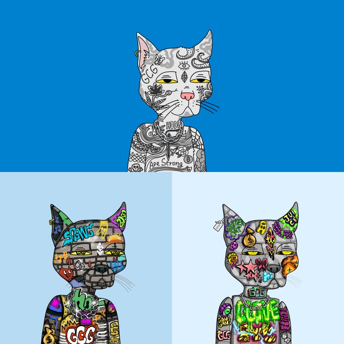 Three cartoon cat NFT-style characters displayed against blue backgrounds, featuring graffiti-style designs with text including 'CCG', 'HODL', 'Ape Strong', and various cryptocurrency symbols.