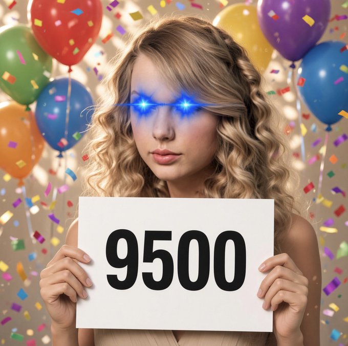 A woman with glowing blue star-shaped eyes holds a sign displaying "9500" amid colorful balloons and confetti, celebrating the host's milestone of 9,500 followers.
