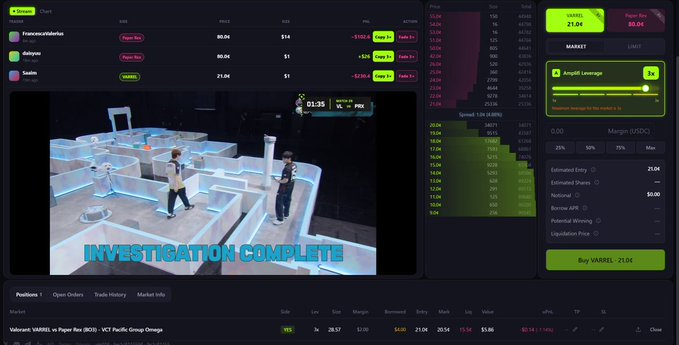 Trading dashboard showing a watchlist of memecoins (Franciscobutterfies, Skibyie, Sadebu), an embedded livestream labeled 'INVESTIGATION COMPLETE', and a VARREL token purchase interface priced at $0.04.
