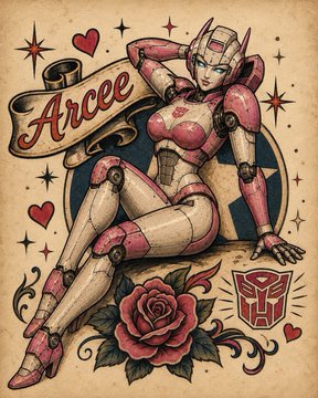 A vintage-style tattoo art illustration featuring the Transformers character Arcee in pink and white armor with her name on a banner, roses, and the Autobot insignia.