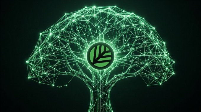Stylized digital artwork depicting a tree made of glowing green network nodes and connections, with a green leaf logo in the center on a dark background.