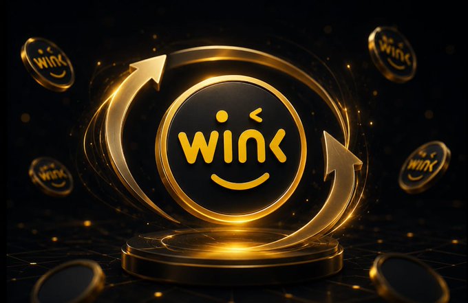 A 3D golden coin with the 'Wink' logo surrounded by swirling arrows on a dark, glowing background.