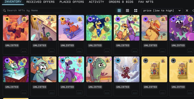 An NFT marketplace inventory page showing 14 cartoon-style dragon and animal NFT cards, all marked as 'UNLISTED' with a search bar and tabs for Inventory, Received Offers, Placed Offers, Activity, Orders & Bios, and Fav NFTs.