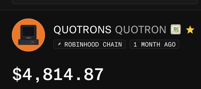 A digital wallet displays a Quotron NFT on the Robinhood Chain, currently valued at $4,814.87 and minted approximately one month ago. The image visually supports the post's claim that converting a Quotron token to NFT is a cost-effective way to acquire the collectible, since it was originally purchased for a slightly higher price before becoming an NFT.
