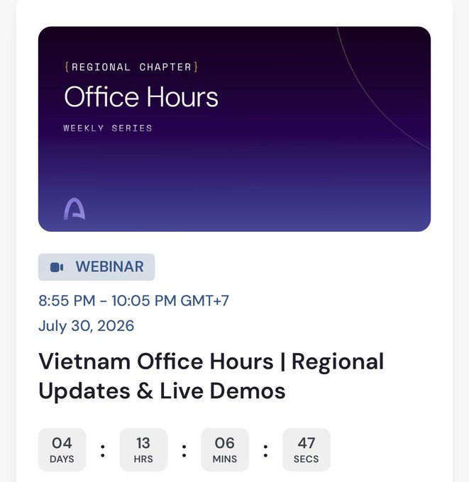 A webinar announcement for the Vietnam Office Hours | Regional Updates & Live Demos, part of a weekly Regional Chapter series, scheduled for July 30, 2026, from 8:55 PM to 10:05 PM GMT+7, with a countdown of 4 days, 13 hours, 6 minutes, 47 seconds.