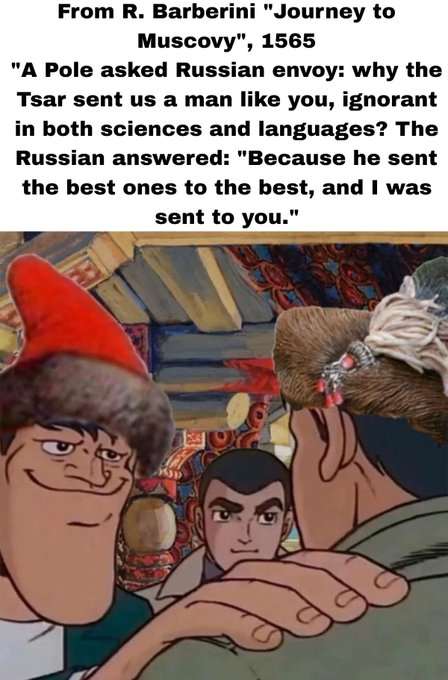 A meme quoting R. Barberini's 'Journey to Muscovy' (1565) about a Russian envoy's witty reply, paired with an animated scene showing characters in traditional headwear.