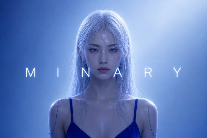 The image features a woman with long blonde hair wearing a blue dress, standing against a blue background that says "MINARY" written in white letters. The woman appears to be looking directly at the camera, giving off an air of confidence and professionalism.