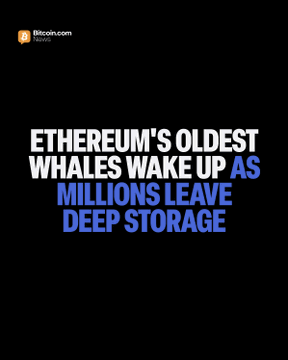 The image is a Bitcoin.com News graphic with the headline "ETHEREUM'S OLDEST WHALES WAKE UP AS MILLIONS LEAVE DEEP STORAGE," illustrating the article about a dormant Genesis-era Ethereum wallet that moved 2,680 ETH after 11 years of inactivity, contributing to a pattern of $ETH being transferred from long-held storage to exchanges.