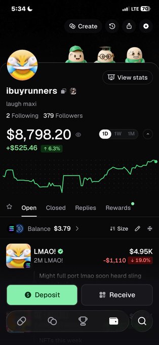 A screenshot of a Robinhood trading app showing a profile 'ibuyrunners' with $8,798.20 portfolio (+6.3%), holding 2M LMAOI tokens down 19.0%.
