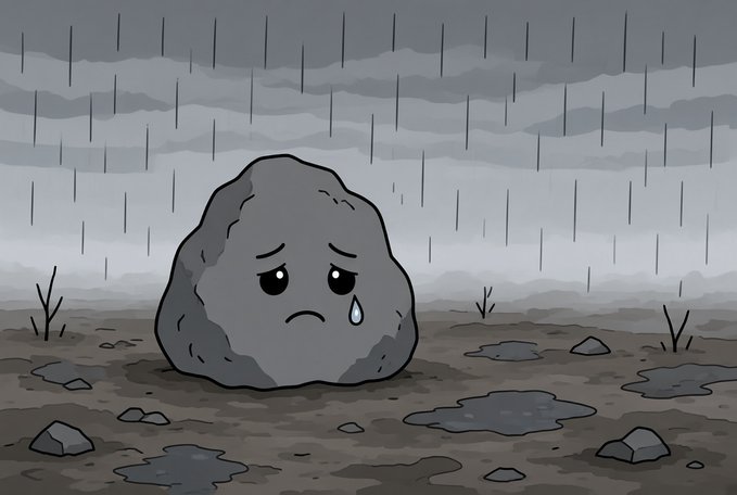 A sad cartoon rock cries a single tear in a barren, rainy wasteland, visually symbolizing the post "$ROCK <> $ETH" by depicting a metaphorical comparison between the literal rock and Ethereum's value.