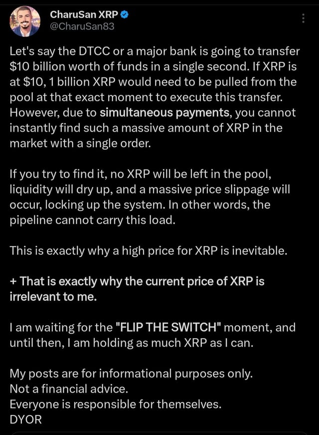 The image shows a screenshot of a Twitter post by a user named CharuSanXrp. The post contains text that explains why XRP cannot be cheap due to its current value. This information is relevant to the discussion about the major bank's plan to transfer $10 billion worth of funds in a single second, as it highlights the potential high cost associated with this transaction and the need for a massive amount of XPR payments.